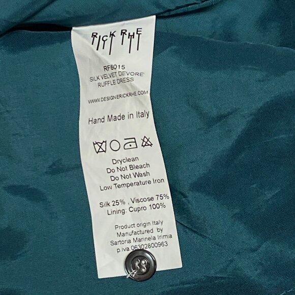 Rick Rhe Handmade Italy Silk Velvet Devore ¾ Sleeve Lined High Neck Ruffle Dress - Picture 13 of 13